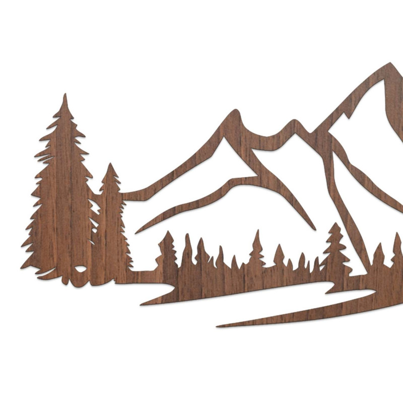 Gemälde aus braunem Walnussholz, Wanddekoration aus Holz – Silhouette von Bergen und Bäumen im Wald