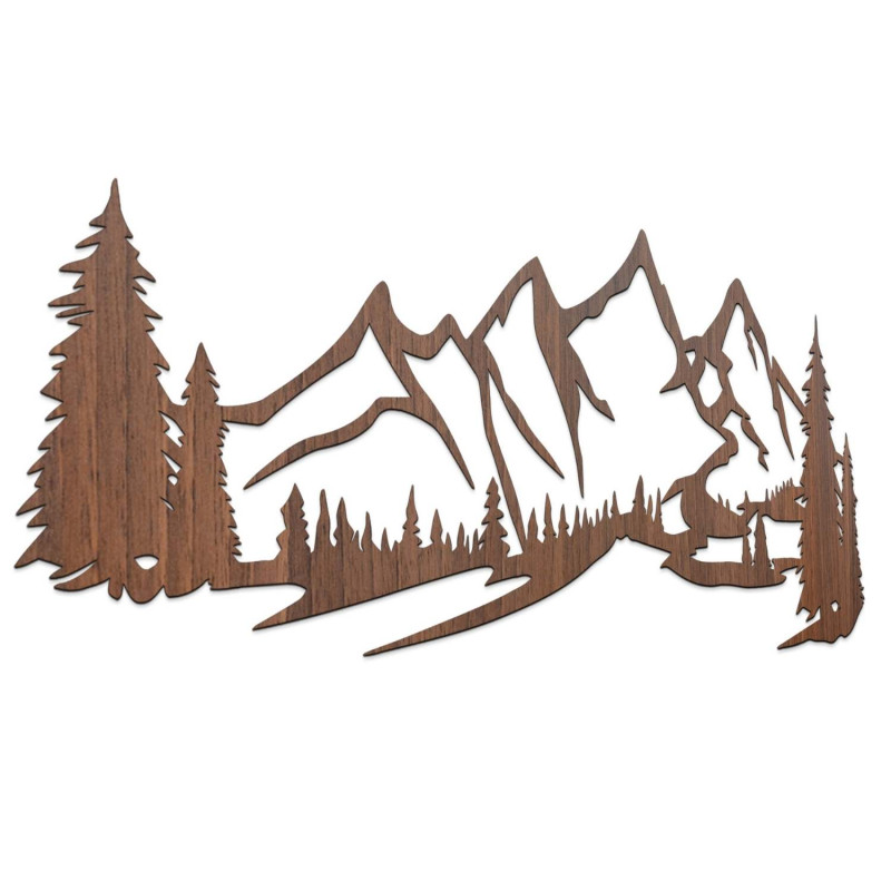 Gemälde aus braunem Walnussholz, Wanddekoration aus Holz – Silhouette von Bergen und Bäumen im Wald