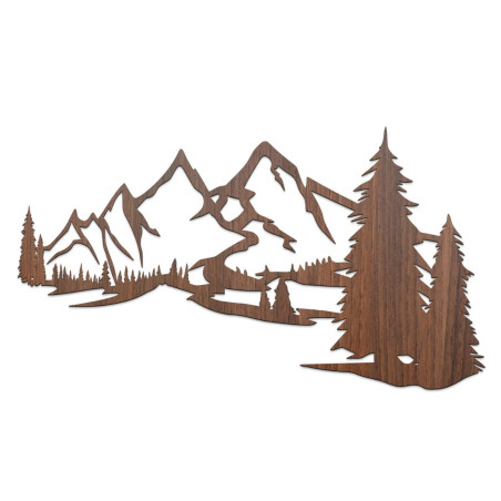 Gemälde aus braunem Walnussholz, Wanddekoration aus Holz – Silhouette von Bergen und Bäumen im Wald