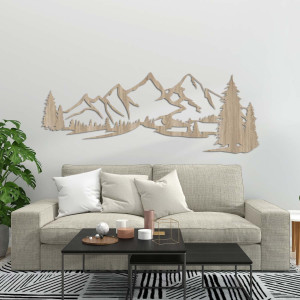Wandmalerei aus Holz mit einem Motiv von Bergen und dichtem Wald 2