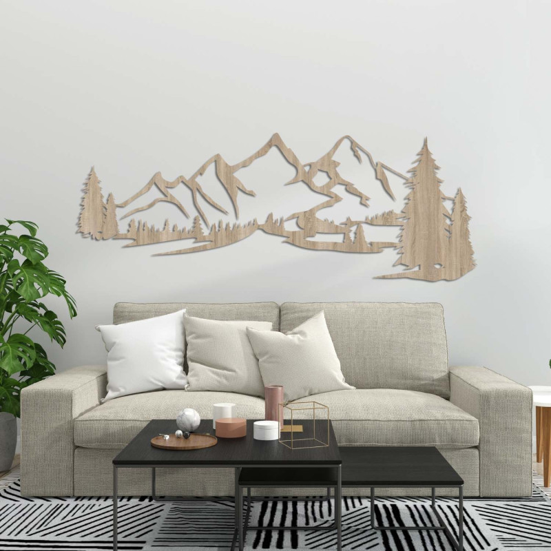 Holzdekoration aus Sonoma-Eiche, modernes Holzbild mit Bergen und Waldmotiven zur Dekoration des Wohnzimmers