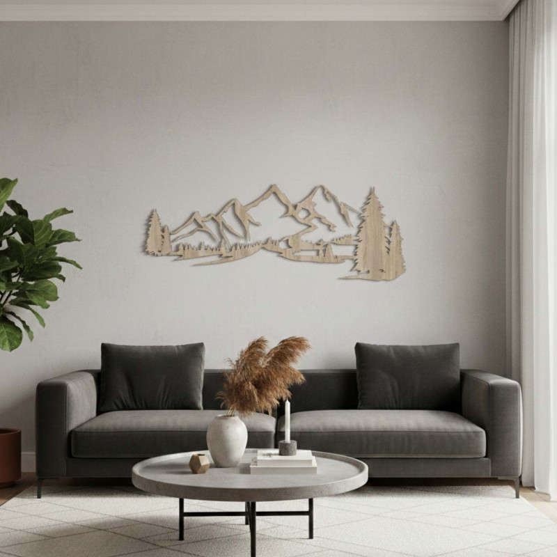 Holzdekoration aus Sonoma-Eiche, modernes Holzbild mit Bergen und Waldmotiven zur Dekoration des Wohnzimmers