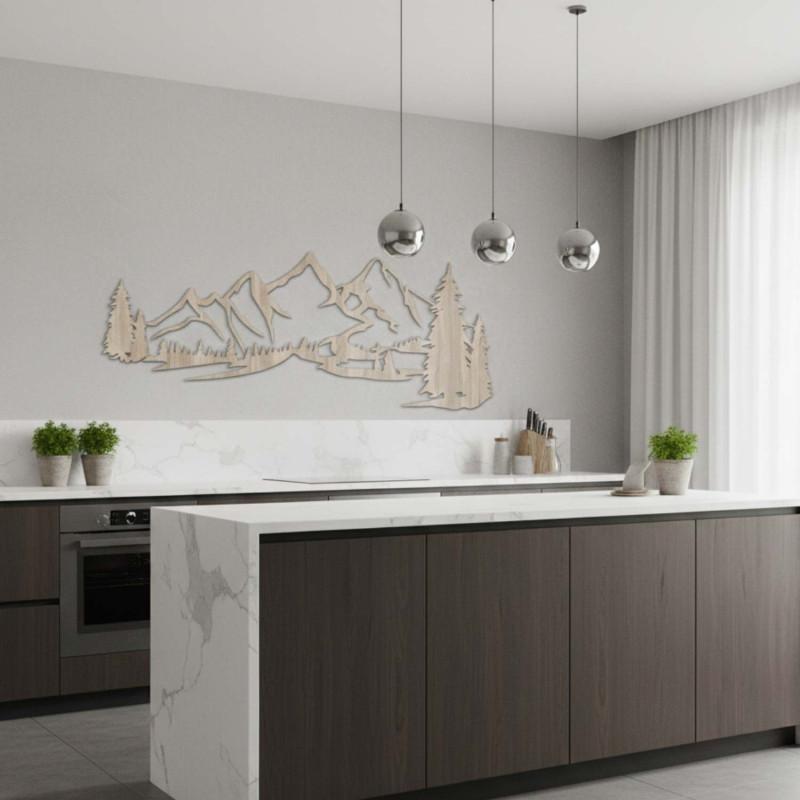 Holzdekoration aus Sonoma-Eiche, modernes Holzbild mit Bergen und Waldmotiven zur Dekoration des Wohnzimmers