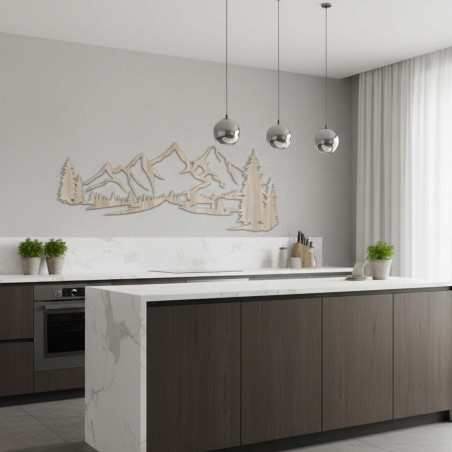 Holzdekoration aus Sonoma-Eiche, modernes Holzbild mit Bergen und Waldmotiven zur Dekoration des Wohnzimmers