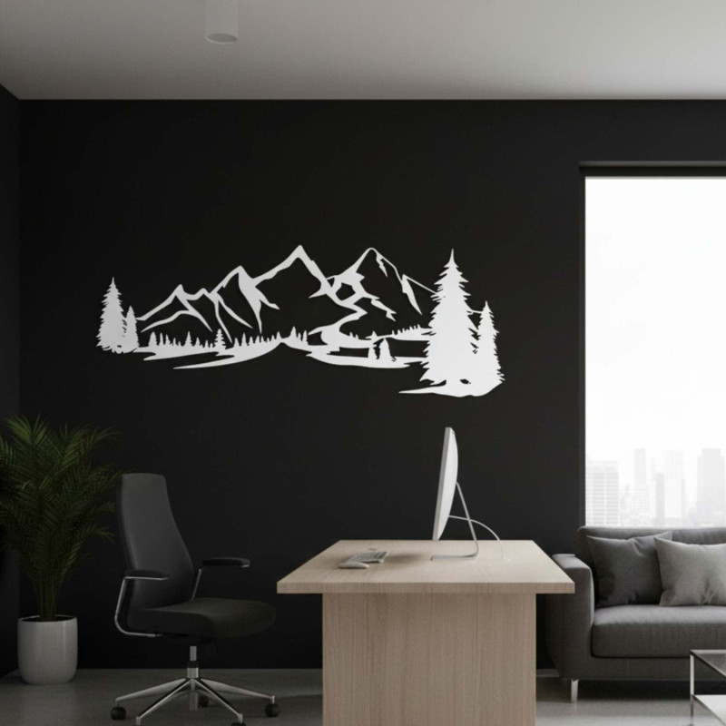 Weiße Holzdekoration, modernes Holzbild mit Berg- und Waldmotiv zur Dekoration des Wohnzimmers