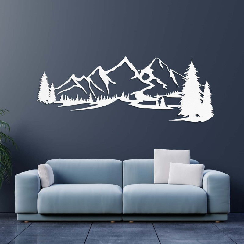 Weiße Holzdekoration, modernes Holzbild mit Berg- und Waldmotiv zur Dekoration des Wohnzimmers