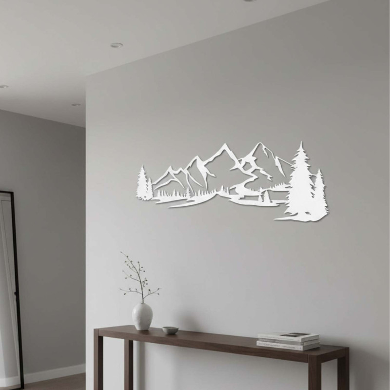 Weiße Holzdekoration, modernes Holzbild mit Berg- und Waldmotiv zur Dekoration des Wohnzimmers