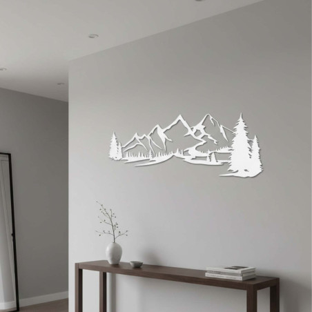 Weiße Holzdekoration, modernes Holzbild mit Berg- und Waldmotiv zur Dekoration des Wohnzimmers
