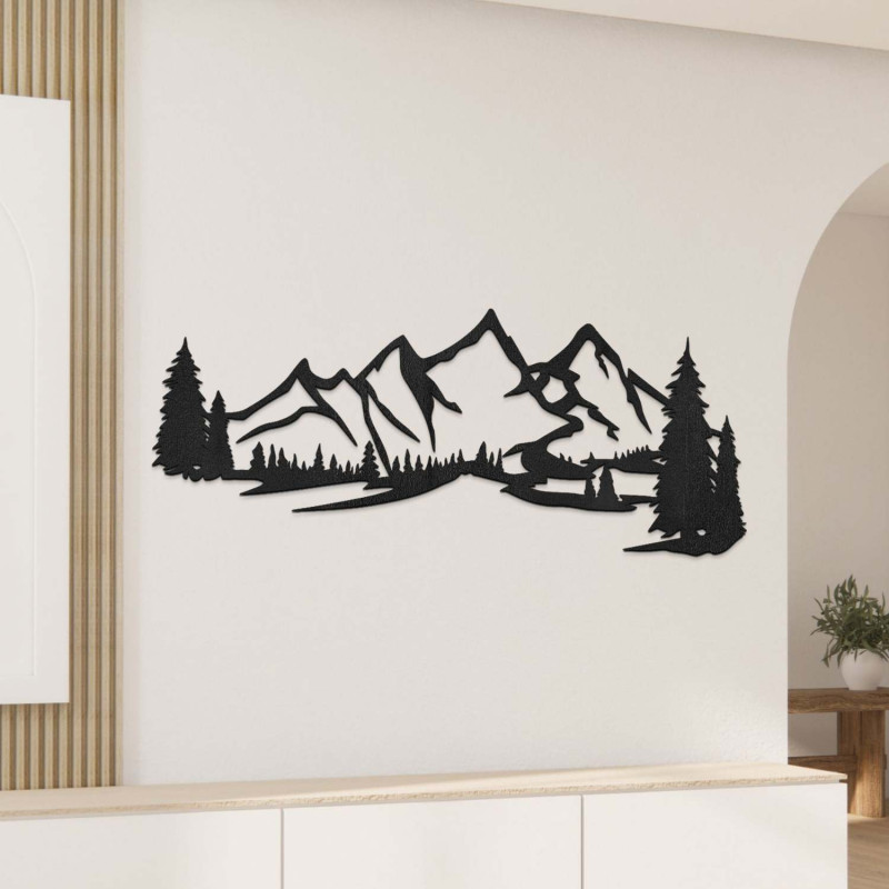 Schwarze Holzdekoration, modernes Holzbild mit Berg- und Waldmotiv zur Dekoration des Wohnzimmers