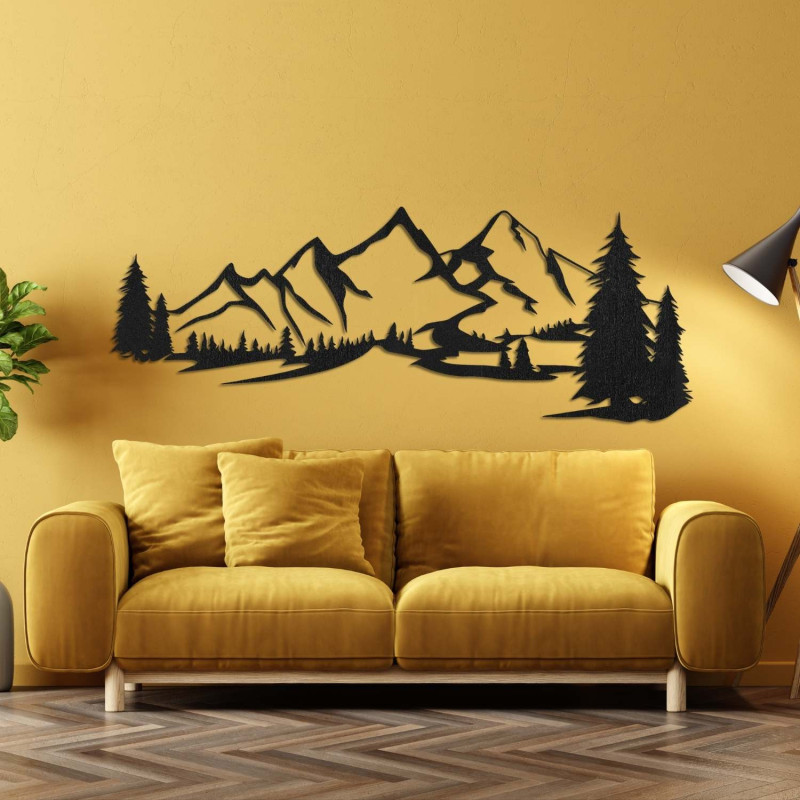 Schwarze Holzdekoration, modernes Holzbild mit Berg- und Waldmotiv zur Dekoration des Wohnzimmers