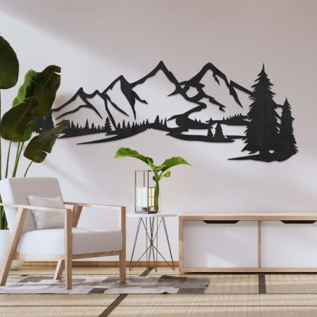 Schwarze Holzdekoration, modernes Holzbild mit Berg- und Waldmotiv zur Dekoration des Wohnzimmers