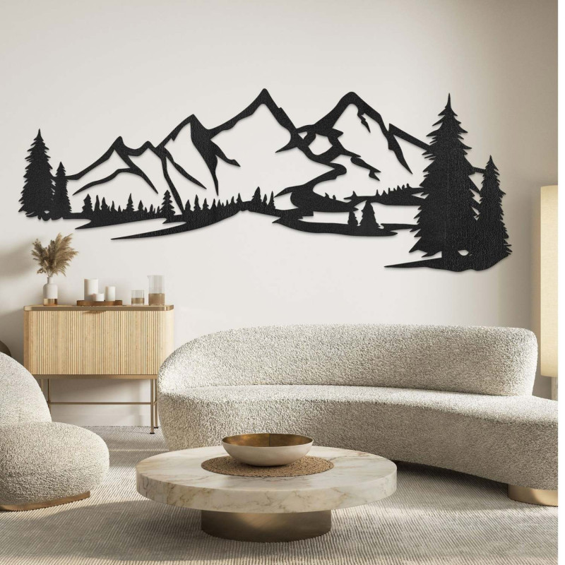 Schwarze Holzdekoration, modernes Holzbild mit Berg- und Waldmotiv zur Dekoration des Wohnzimmers