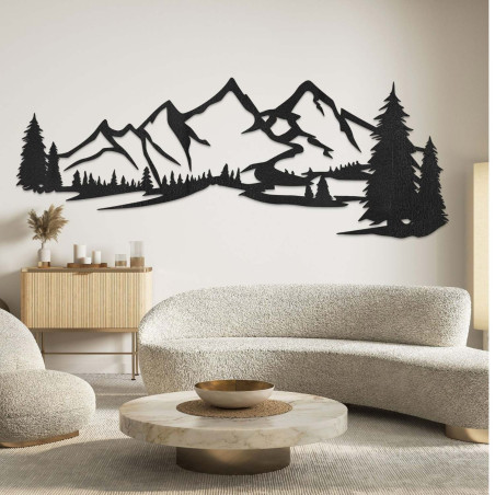 Schwarze Holzdekoration, modernes Holzbild mit Berg- und Waldmotiv zur Dekoration des Wohnzimmers