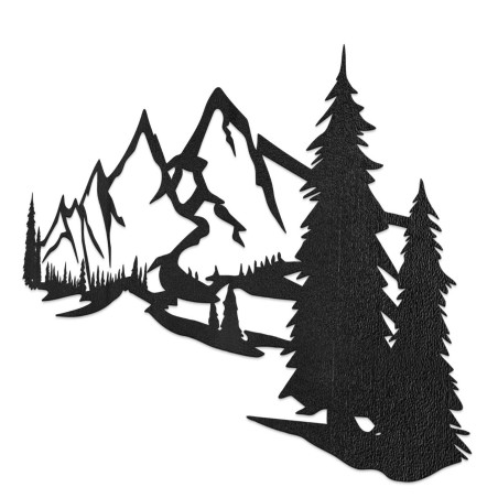 Schwarze Holzdekoration, modernes Holzbild mit Berg- und Waldmotiv zur Dekoration des Wohnzimmers