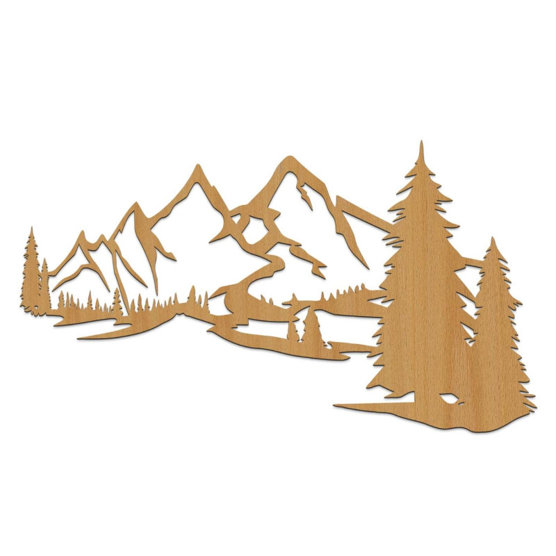 Dekoration: Eiche, Design-Holzwandpaneel mit Berglandschaft und Wald