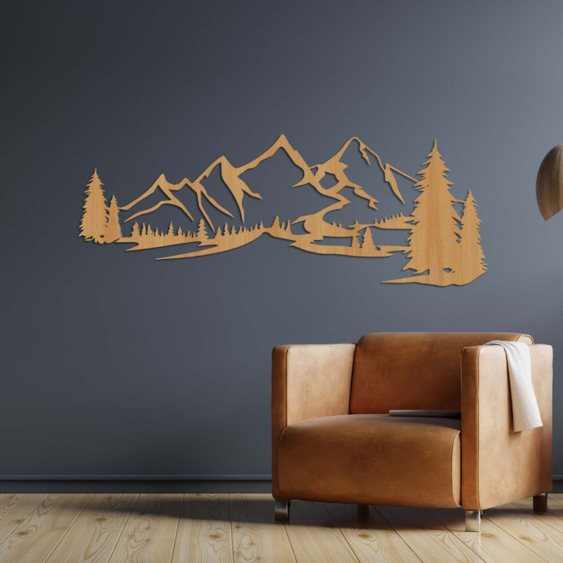 Dekoration: Eiche, Design-Holzwandpaneel mit Berglandschaft und Wald