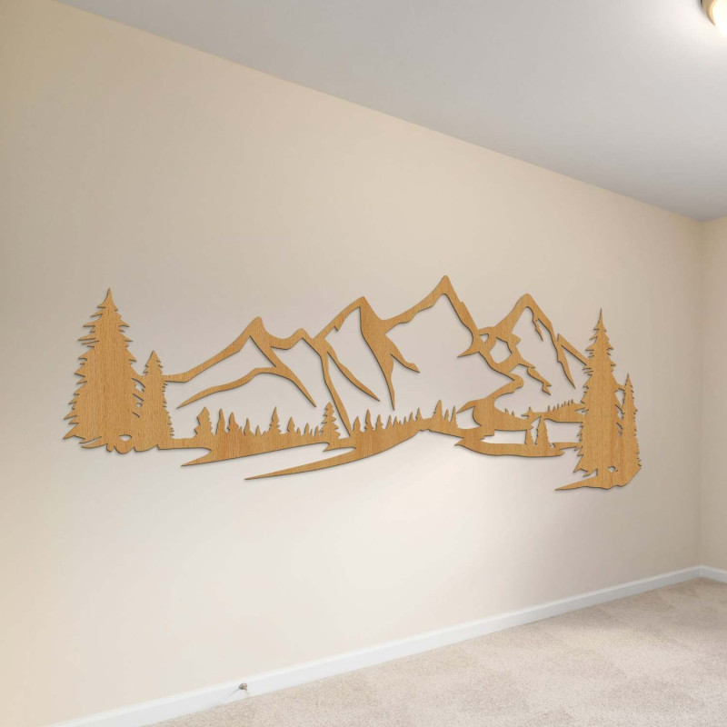 Dekoration: Eiche, Design-Holzwandpaneel mit Berglandschaft und Wald
