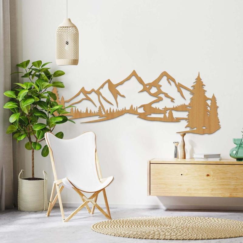 Dekoration: Eiche, Design-Holzwandpaneel mit Berglandschaft und Wald