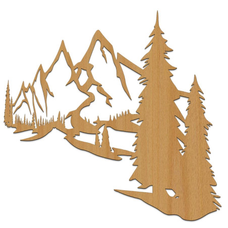 Dekoration: Eiche, Design-Holzwandpaneel mit Berglandschaft und Wald