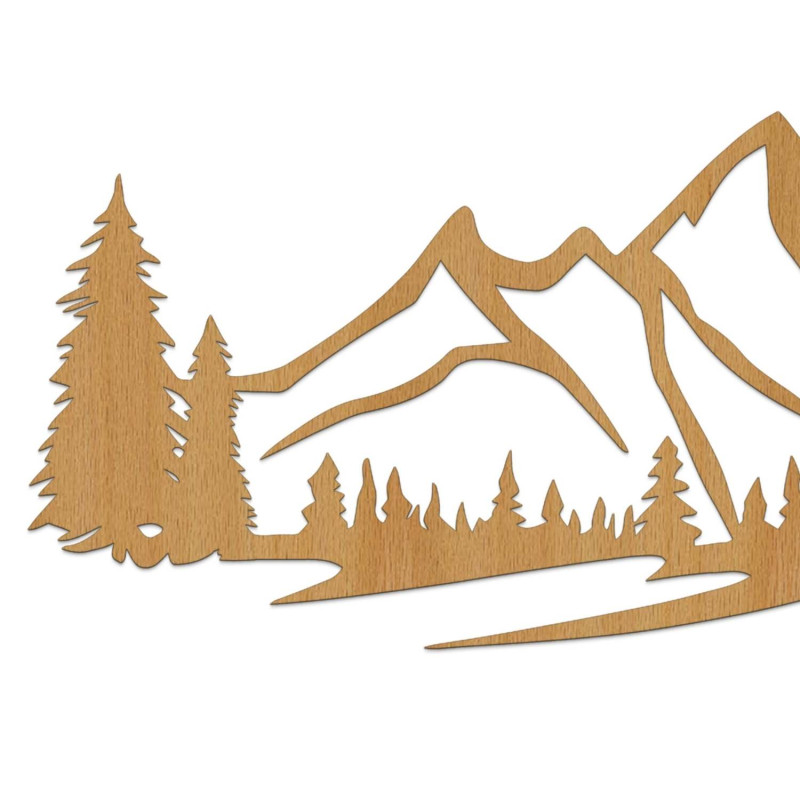 Dekoration: Eiche, Design-Holzwandpaneel mit Berglandschaft und Wald
