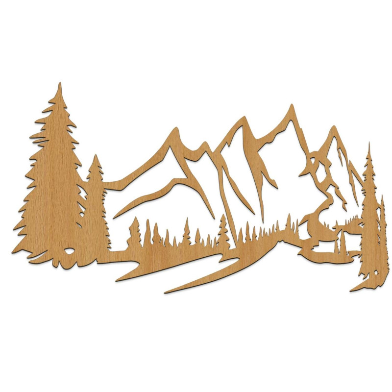 Dekoration: Eiche, Design-Holzwandpaneel mit Berglandschaft und Wald