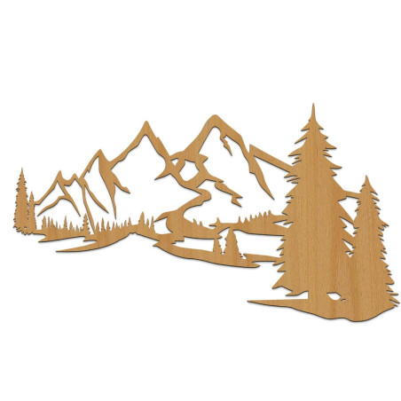 Dekoration: Eiche, Design-Holzwandpaneel mit Berglandschaft und Wald