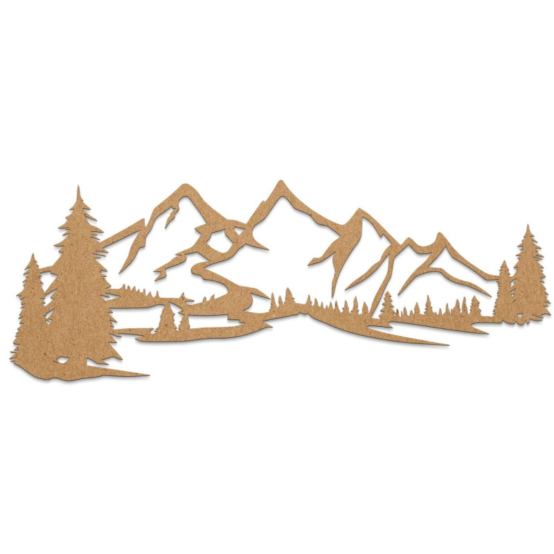 Minimalistisches Holzgemälde mit einer Bergkette und einem Nadelwald