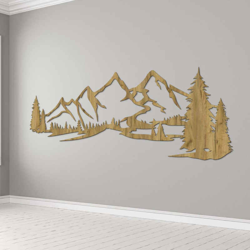 Minimalistisches Holzgemälde mit einer Bergkette und einem Nadelwald