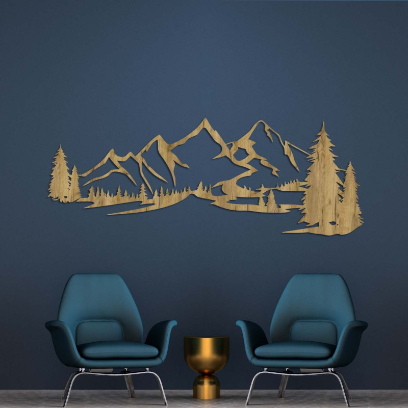 Minimalistisches Holzgemälde mit einer Bergkette und einem Nadelwald