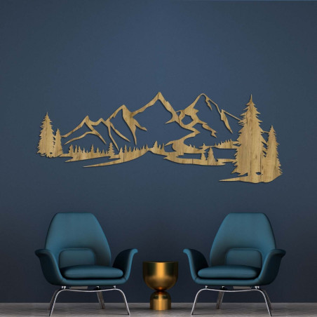 Minimalistisches Holzgemälde mit einer Bergkette und einem Nadelwald