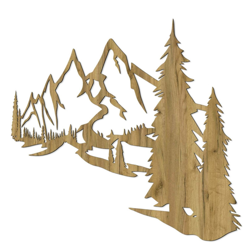 Minimalistisches Holzgemälde mit einer Bergkette und einem Nadelwald