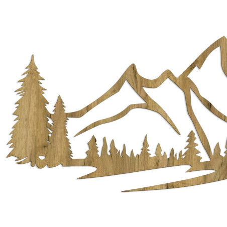Minimalistisches Holzgemälde mit einer Bergkette und einem Nadelwald