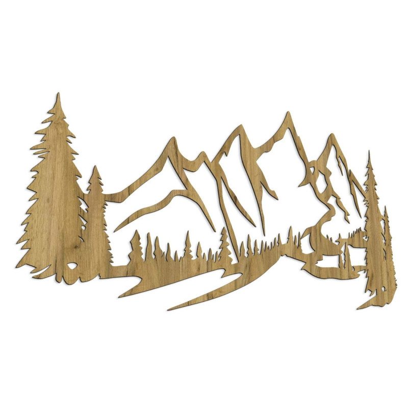 Minimalistisches Holzgemälde mit einer Bergkette und einem Nadelwald