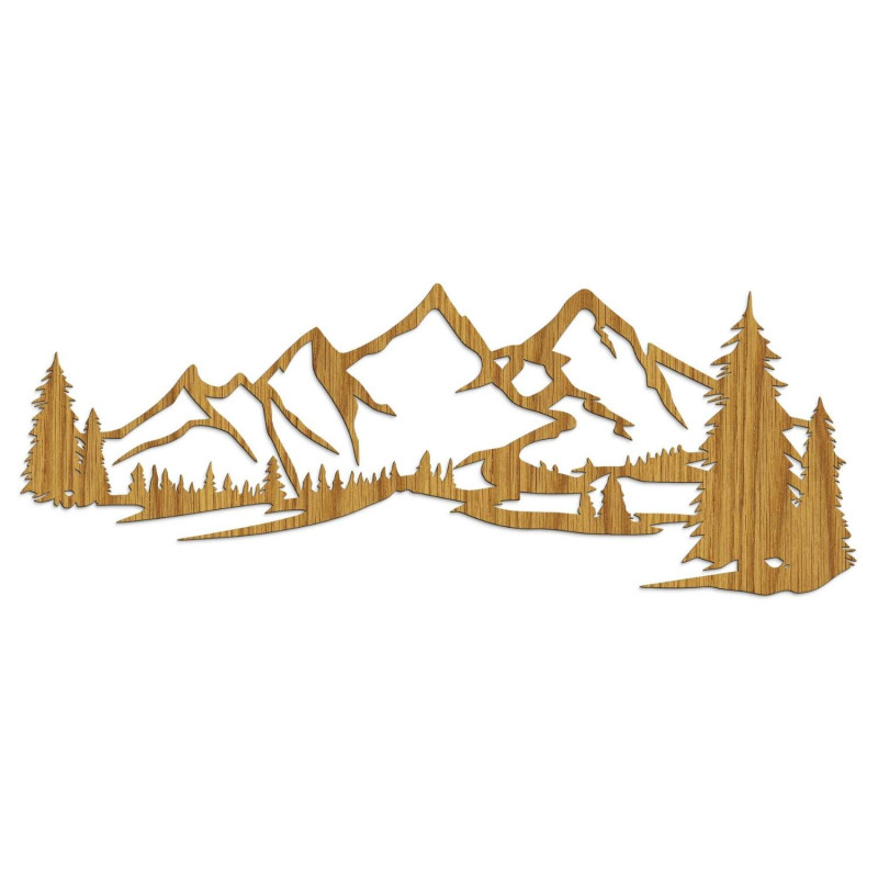 Minimalistisches Holzgemälde mit einer Bergkette und einem Nadelwald