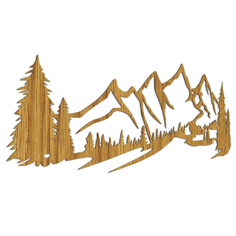 Minimalistisches Holzgemälde mit einer Bergkette und einem Nadelwald
