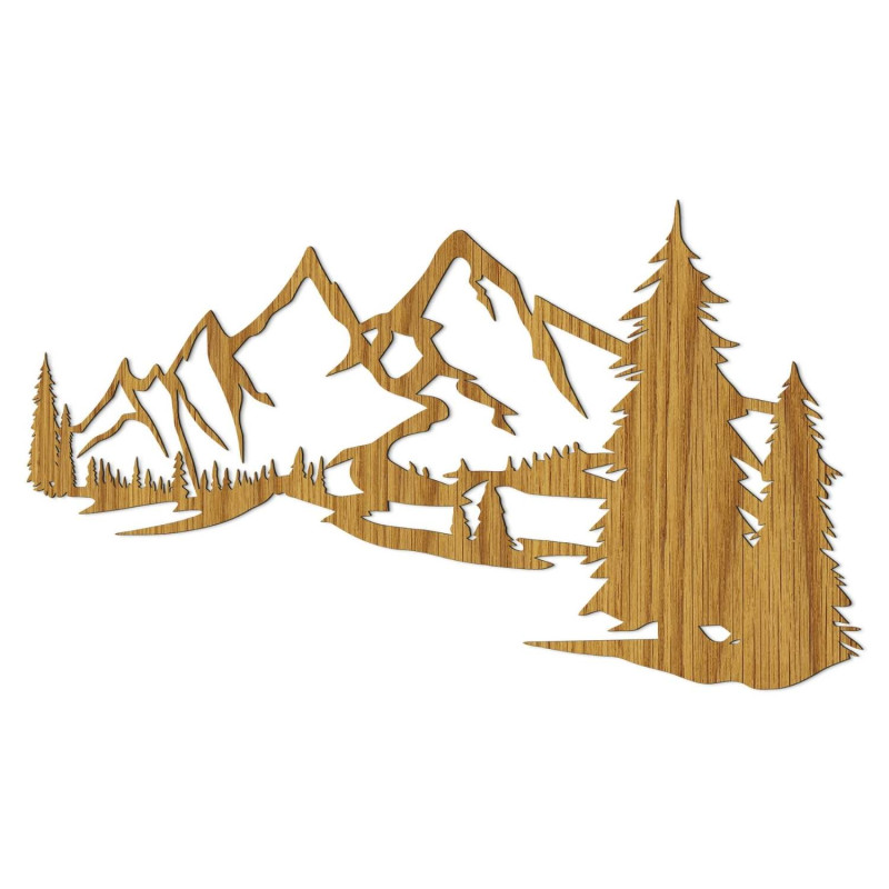 Minimalistisches Holzgemälde mit einer Bergkette und einem Nadelwald
