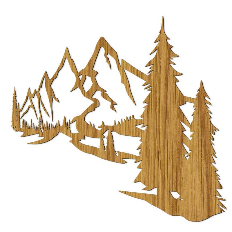 Minimalistisches Holzgemälde mit einer Bergkette und einem Nadelwald
