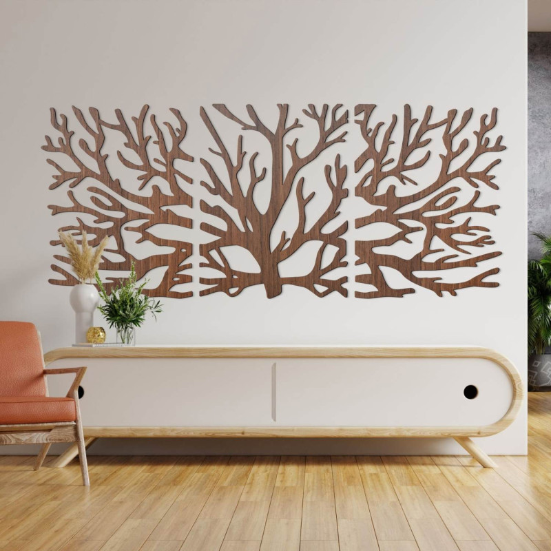 Modernes dreiteiliges Holzbild mit Baum- und Lebensblumenmotiv
