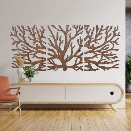 Modernes dreiteiliges Holzbild mit Baum- und Lebensblumenmotiv