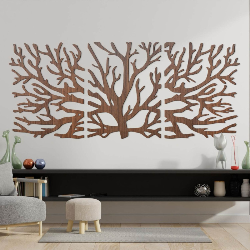 Modernes dreiteiliges Holzbild mit Baum- und Lebensblumenmotiv
