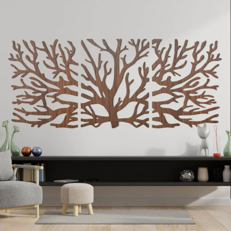 Modernes dreiteiliges Holzbild mit Baum- und Lebensblumenmotiv