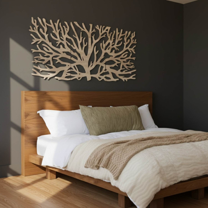 Modernes dreiteiliges Holzbild mit Baum- und Lebensblumenmotiv