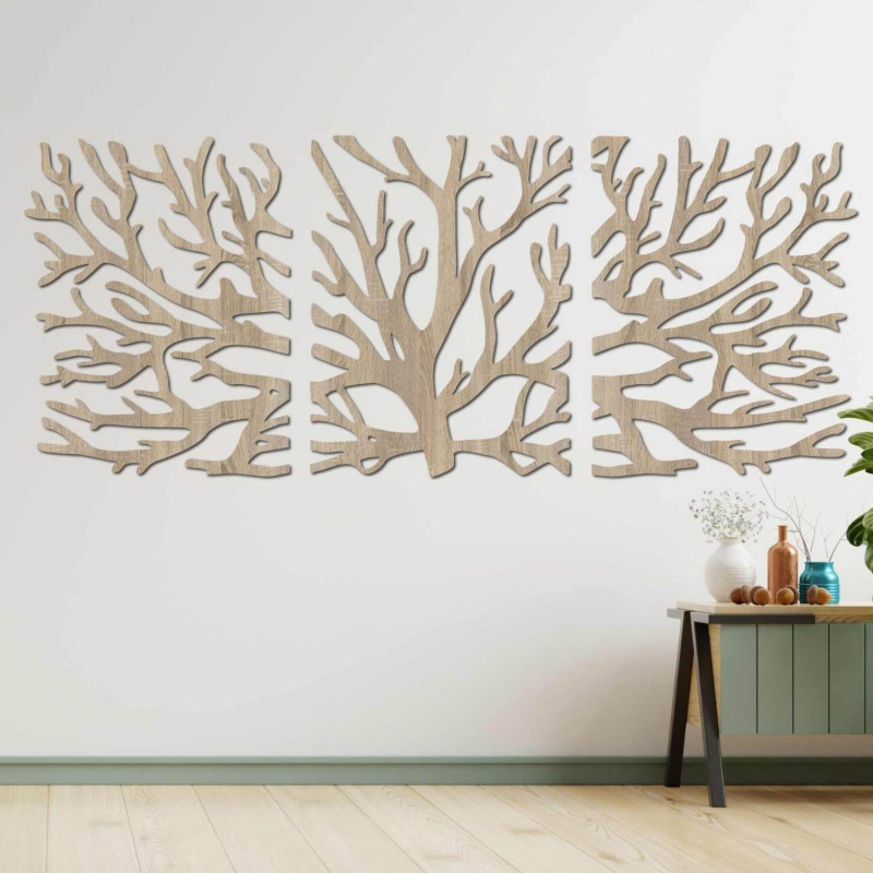 Modernes dreiteiliges Holzbild mit Baum- und Lebensblumenmotiv