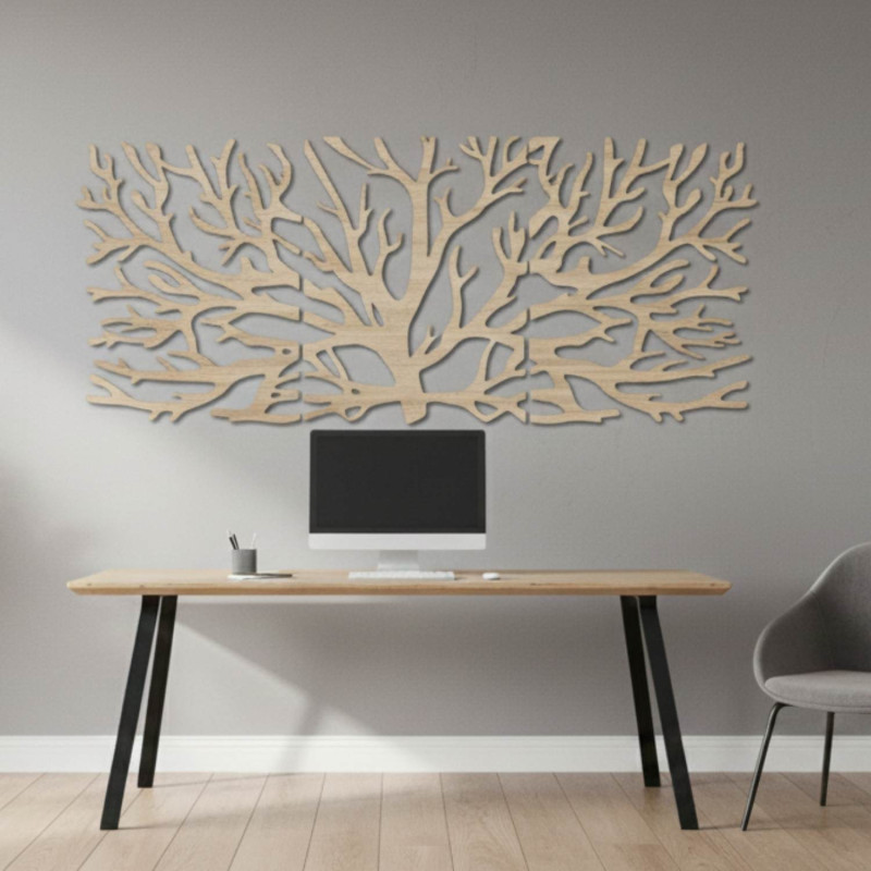 Modernes dreiteiliges Holzbild mit Baum- und Lebensblumenmotiv