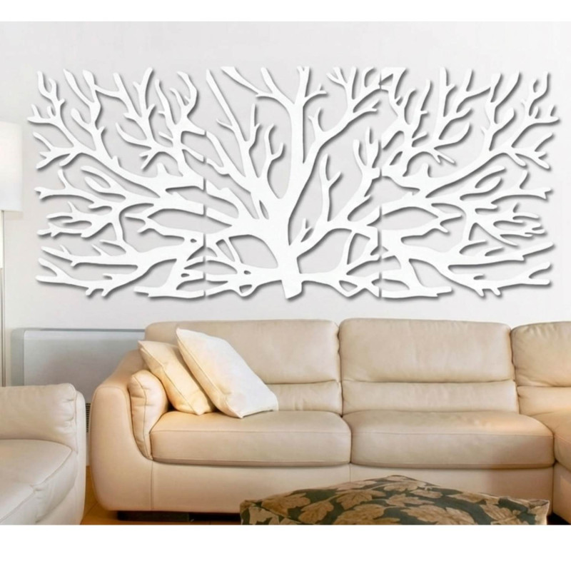 Modernes dreiteiliges Holzbild mit Baum- und Lebensblumenmotiv