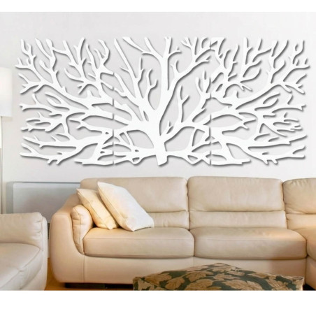 Modernes dreiteiliges Holzbild mit Baum- und Lebensblumenmotiv