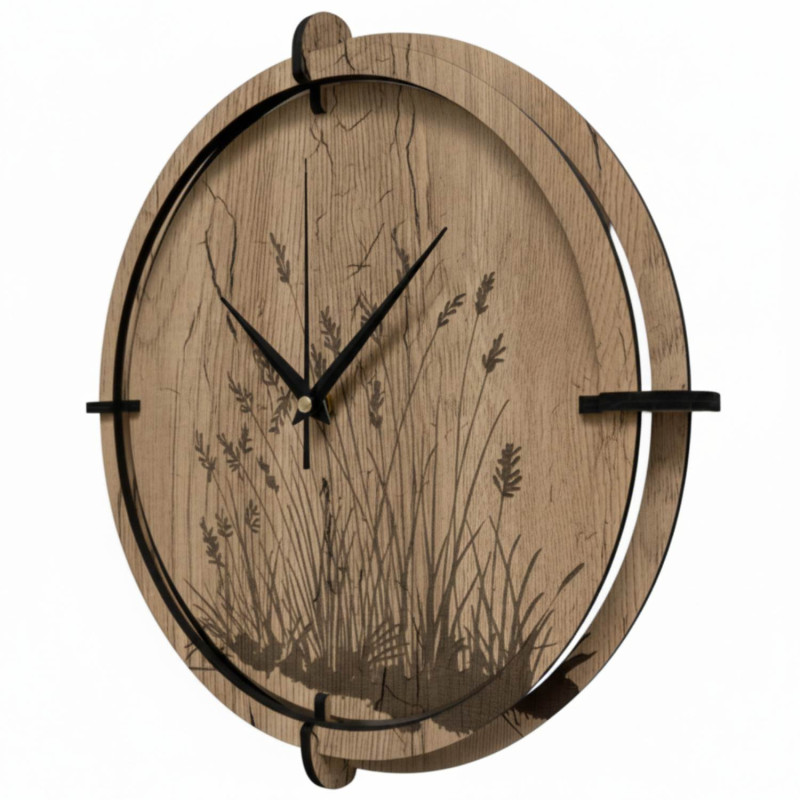 Holzuhr mit Grasmotiv | Eiche Halifax