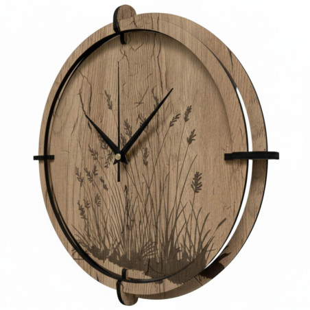 Holzuhr mit Grasmotiv | Eiche Halifax
