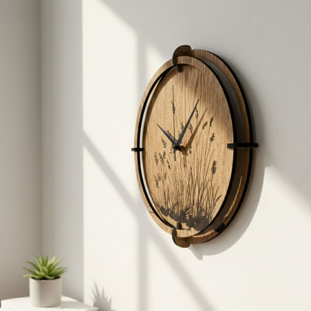 Wanduhr aus Holz, Wiesengras, Eiche