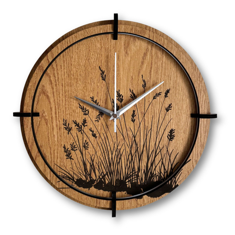 Wanduhr aus Holz, Wiesengras, Eiche